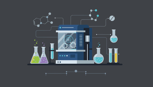 Modern laboratory automation equipment surrounded by glass test tubes, chemical flasks and molecular structures.