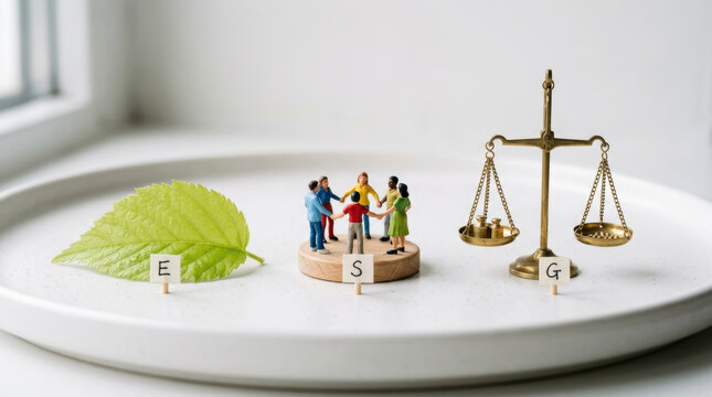 ESG reporting standards concept with miniature people holding hands on wooden platform with leaf and balance scale on white plate