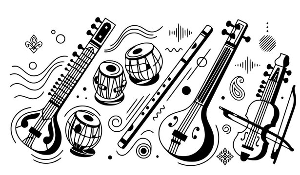 Abstract Indian Musical Instruments Cultural Black Vector Collection