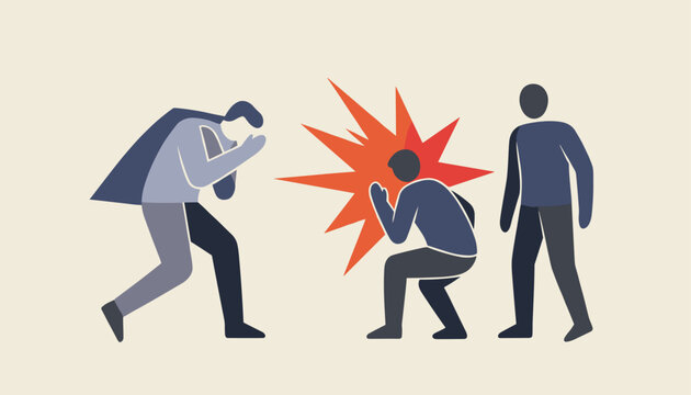 Conceptual illustration of person coughing without mask spreading viruses and germs while other people react in fear.