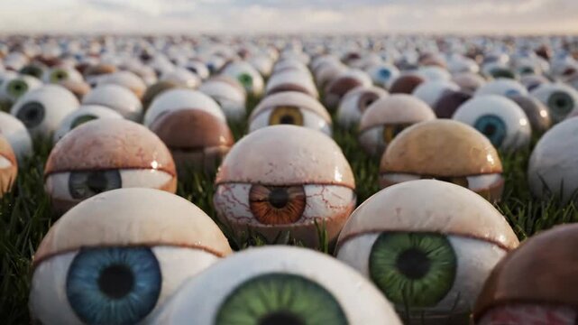 Numerous Human Eyeballs Covering A Grassy Field Under A Cloudy Sky
