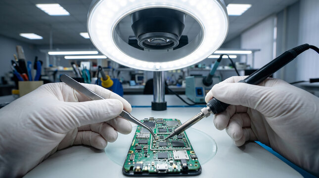 A skilled technician carefully repairs a smartphone motherboard using a precision microscope and soldering tools in a bright, modern electronics service center environment.