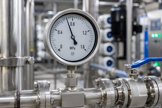 Industrial Pressure Gauge on Stainless Steel Process Pipeline