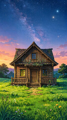 Fototapeta premium Cozy Wooden Cabin Under Starry Night Sky
