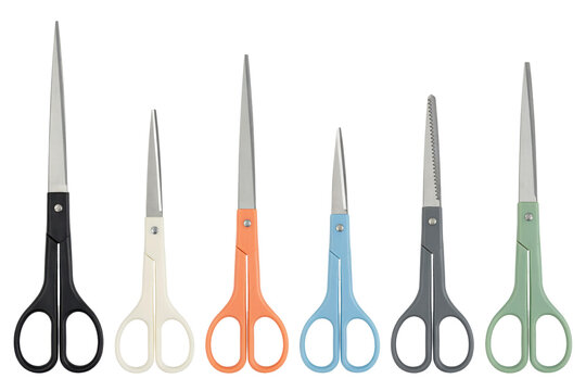 A collection of six different pairs of scissors with various colored plastic handles and metal blades isolated on a transparent background