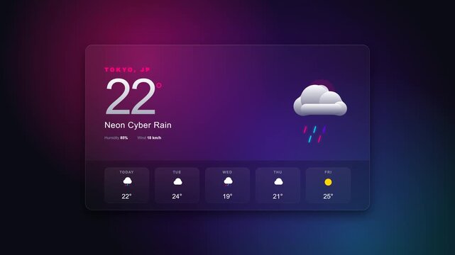 Futuristic 3D weather forecast app interface with neon cyber rain design and dark mode theme
