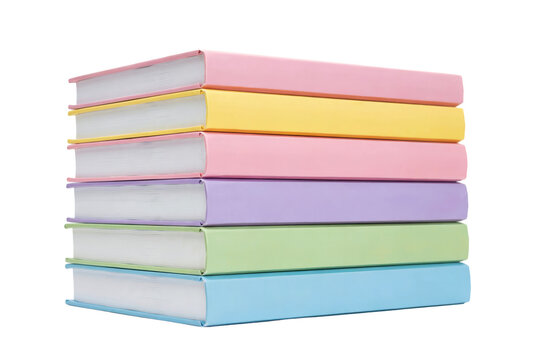 A stack of six hardcover books with pastel colored covers in pink, yellow, purple, green, and blue shades isolated on a transparent background