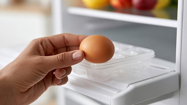 Closeup of hand taking brown egg from transparent egg box in refrigerator, blurred fruit and vegetable shelf in background, showing daily healthy diet and kitchen lifestyle scene.