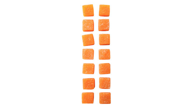 Vertical column of small square orange wooden blocks sorted geometric elements pattern