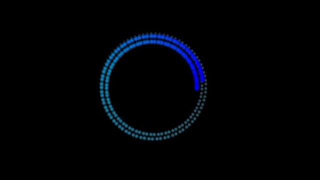 Futuristic neon blue dotted progress circle loading loop rotating against black background