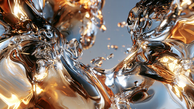 Liquid metal splash with gold and silver reflections creates a dynamic abstract background.