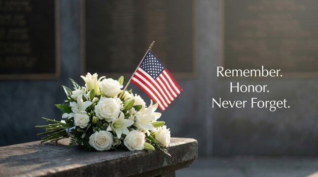 Heartfelt tribute featuring american flag white roses honoring september 11 memorial site in remembrance lives lost