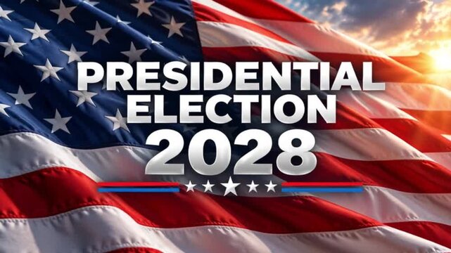 Presidential Election 2028 Text with Waving American Flag and Dramatic Sunset Patriotic United States Political Background