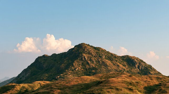 Mountain peak rises under a clear blue sky with soft white clouds in the background.