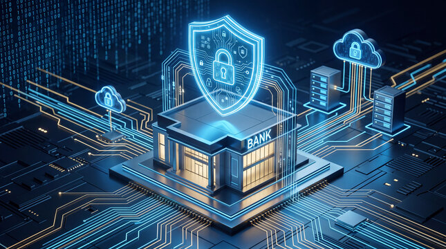 Digital banking security concept, bank building with shield lock icon and cloud storage, representing cybersecurity and financial data protection on circuit board