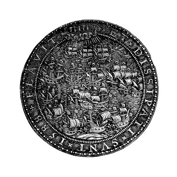 Dutch Armada medal with naval battle scene, old vintage illustration, 1894.