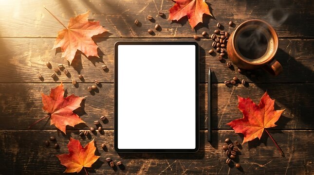 Autumn tablet mockup with blank white screen, rustic wooden desk with fall maple leaves and coffee cup, cozy seasonal workspace