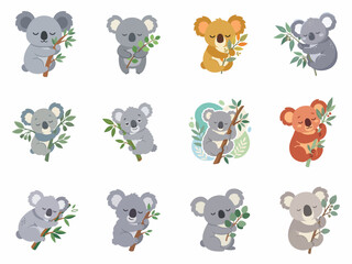 Obraz premium Collection of cute cartoon koala bear illustrations in various poses and colors climbing eucalyptus branches isolated on white background for nursery or greeting card design.