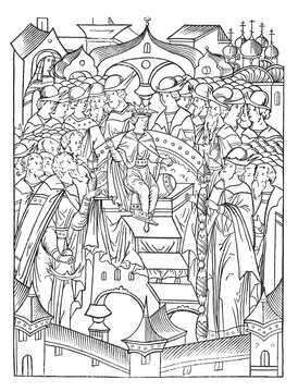 Crowning of Ivan IV Vasilyevich, the first Russian tsar surrounded by clergy and boyars in the Kremlin cathedral, old vintage illustration, 1894.