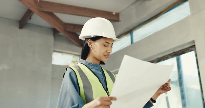 Blueprint, construction and inspection with woman in real estate development for project management. Floor plan, progress and quality control with person in home for building or property architecture