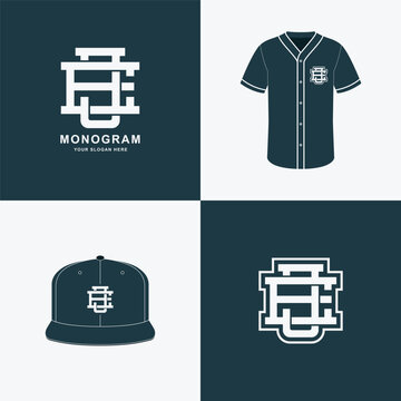 Interlocking monogram logo of letters EJ or JE for sports apparel branding on jersey and cap mockup.