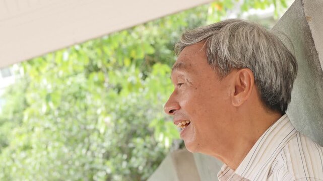 profile view of southeast asian senior man with grey hair feeling relaxed and happy in a sunny park, head to shoulder shot