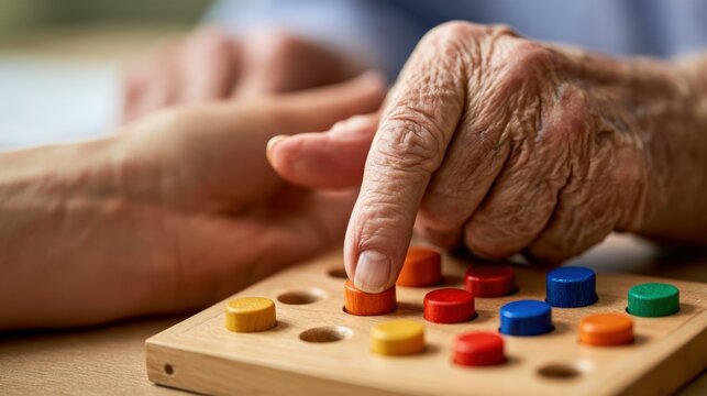 Rehabilitation / Physical Therapy An elderly hand and a younger hand engage in a colorful pegboard game, symbolizing care, connection, and intergenerational bonding.