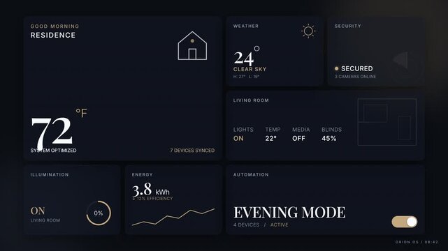 Smart home automation dashboard interface user control panel dark theme digital technology modern layout template