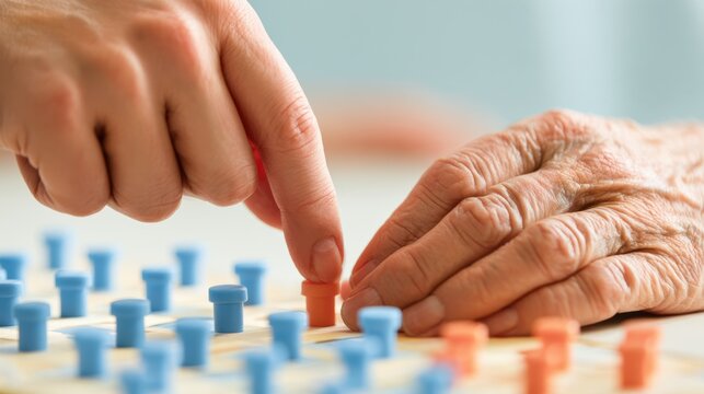 Rehabilitation / Physical Therapy An elderly person&rsquo;s hands playing a board game, moving pieces on a wooden game board.