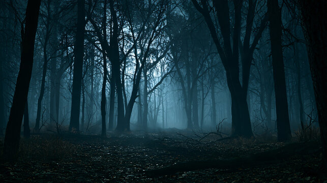 Forest trees stand in dense blue mist during a dark and mysterious night.