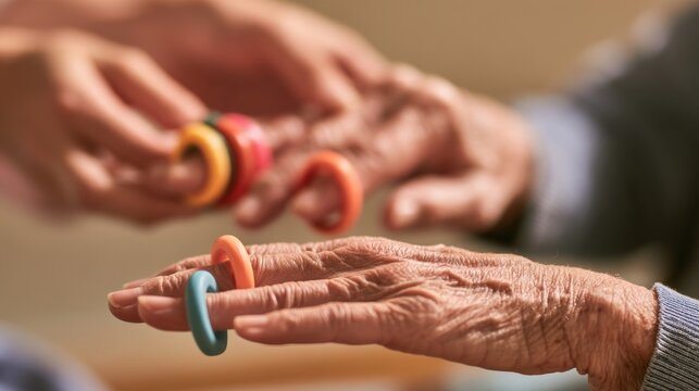 Rehabilitation / Physical Therapy An elderly person plays a traditional ring toss game, focusing on hands and colorful rings in a close-up shot.