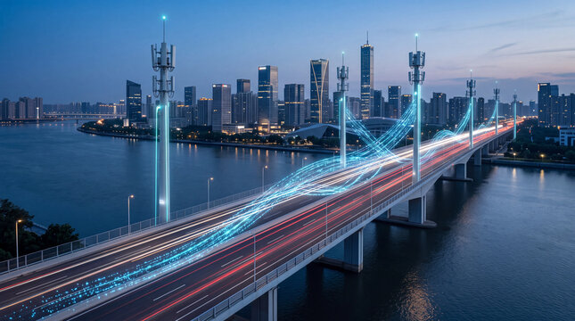 Cityscape with bridge at dusk, illuminated by streaks of light and glowing data streams, representing 5G network and digital connectivity