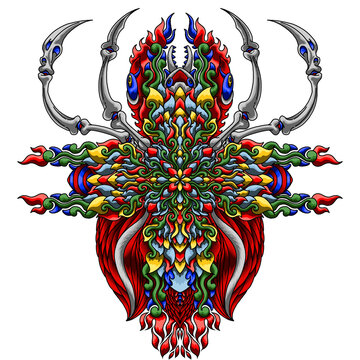 Colorful Psychedelic Bug Monster Vector Illustration with Intricate Tribal Ornament, Surreal Ornamental Beetle Insect Vector Art, Mystical Fantasy Insect Creature with Scythe Horns and Abstract Mandal