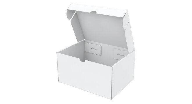Empty white cardboard box with flaps open
