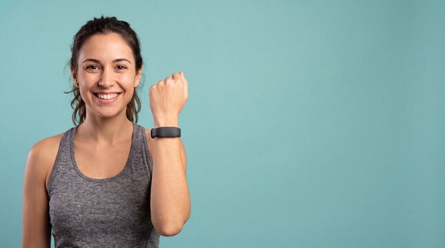 A fit young woman wearing a grey tank showing her wrist with a black fitness tracker watch ad social media download thambnail poster web template event festival 2026 2027 2028