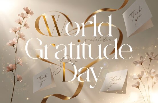 Elegant world gratitude day background featuring thank you notes and floral elements note cards golden ribbon positive vibes heart shape