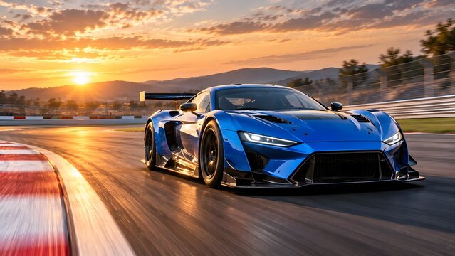 Blue supercar racing at sunset on a scenic mountain track