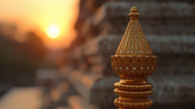 Golden ornate trishul with intricate gemstone inlay bathed in warm sunset glow with warm backlight creating serene sacred ambiance showcases close elaborately