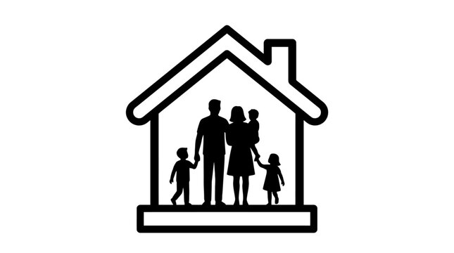 family home silhouette icon representing housing insurance real estate protection and happy parents with children. EPS Editable