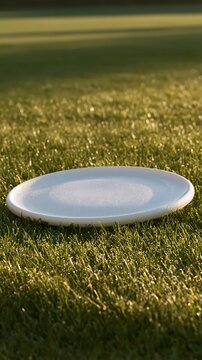 Ultimate frisbee sport and outdoor recreation concept. Blank white flying disc disc-golf equipment lying on a green grass field during golden hour sunset.