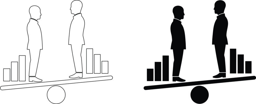 Two business men standing on a seesaw with bar graphs representing balance and business metrics.