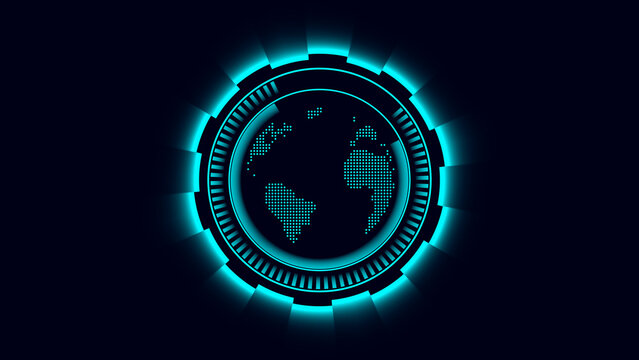 Neon blue digital earth icon with glowing gear-like surround and pixelated continents globe