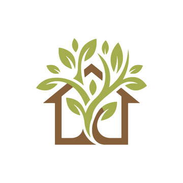 Green eco home logo design vector featuring growing leaves and wooden house structure. EPS Editable