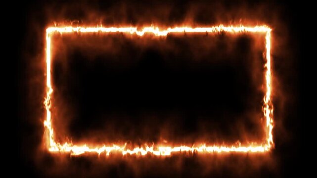 Abstract burning rectangle frame motion background with fiery border and blazing effect on black screen for text or logo reveal video