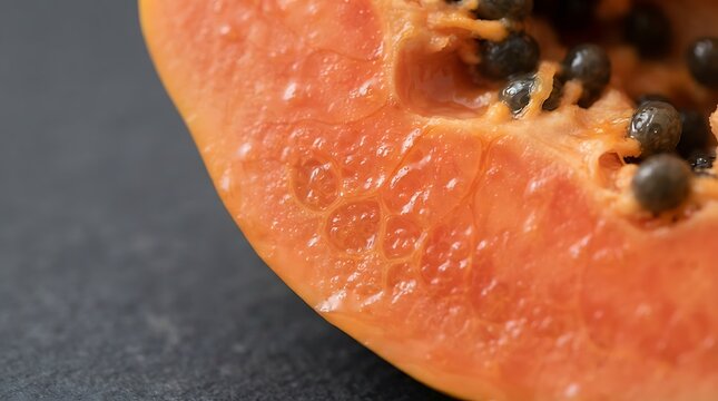 Close up of ripe papaya fruit slice with dark black seeds.