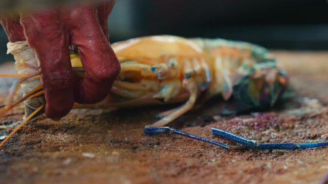 Cutting process of giant freshwater Rosenberg shrimp lat. Macrobrachium rosenbergii at fish market, seafood cutting process slow motion.