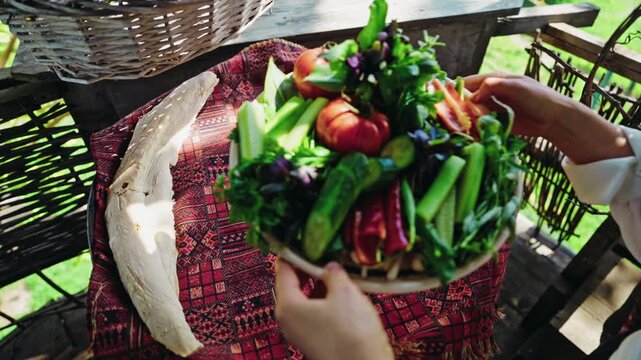 A hand sets a plate of fresh vegetables and herbs on a red patterned Georgian carpet spread over an old wooden wine barrel.