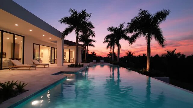 Modern luxury villa exterior with infinity pool at tropical sunset