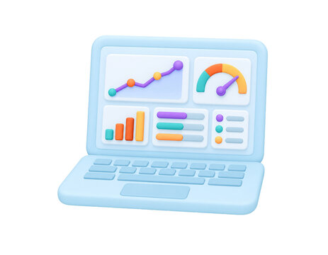 3D Laptop Icon with Performance Dashboard, Growth Charts and KPI Analytics Isolated Transparent Background