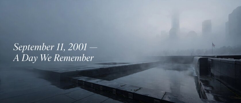 September 11 2001 remembrance day reflection in foggy memorial landscape